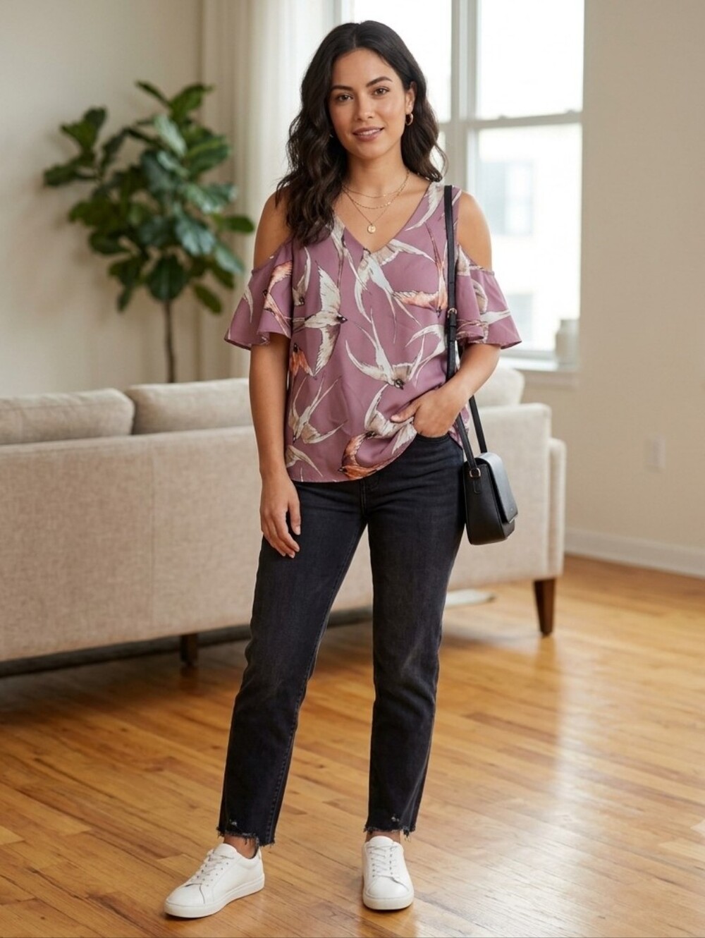 ✨ Ann Taylor Pink Bird Print Women's Cold shoulder Top